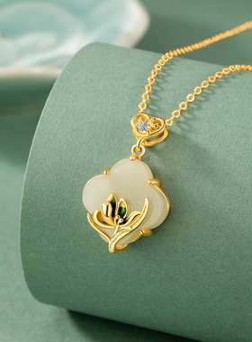 幸运四叶草纯银925和田玉项链女新中式国潮兰花锁骨链ins花朵