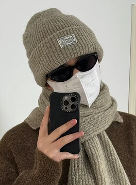 保暖纯色针织帽围巾两件套男女