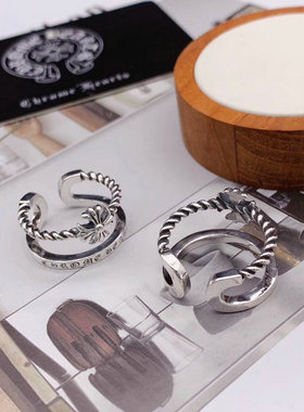 925纯银复古双层指环网红同款十字架开口戒指男女食指环