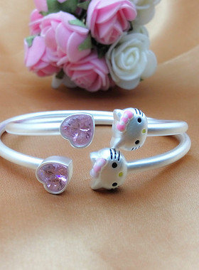 纯银凯蒂猫手镯女镶嵌爱心形粉钻大人闺蜜儿童亲子款小女孩镯子