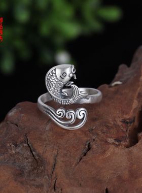 s925纯银转运锦鲤小鱼戒指 女复古风磨砂如鱼得水食指戒 百搭开口