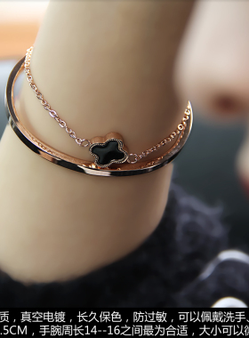 日韩简约闺蜜礼物刻字镀18K玫瑰金手镯女钛钢手环爱心四叶草手链