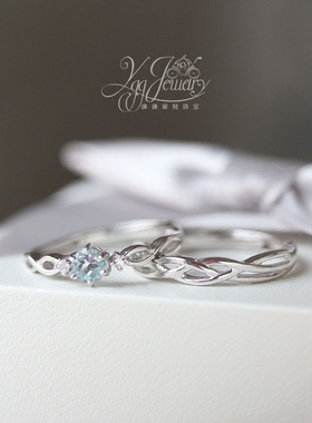 同心结。天然海蓝宝石月光石情侣戒指对戒s925纯银镀白金活口礼物