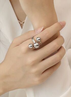 欧美风纯银戒指女气质金色星球食指质感不规则圆珠几何型夸张指环