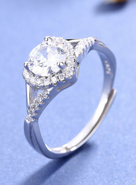 纯银心形镶嵌圆形莫桑石钻石戒指女时尚爱心日韩订婚戒求婚指环