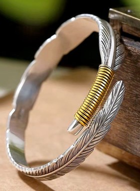 纯银简约民族风复古羽毛手镯开口时尚潮流男士女款情侣手环手饰品