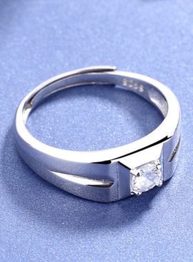 纯银镀18K白金仿真钻戒时尚男士大指环活口莫桑石男戒指情侣礼物