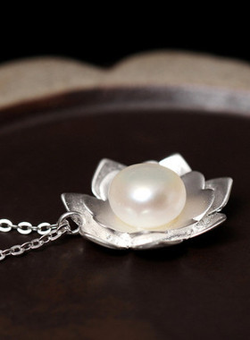 简约创意中国风淡水天然珍珠莲花纯银项链女花朵吊坠个性锁骨链