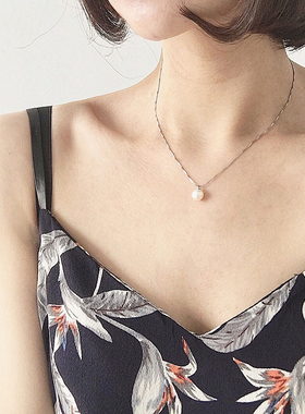 单颗天然珍珠项链女S925纯银韩国短款学生锁骨链简约迷你吊坠生日