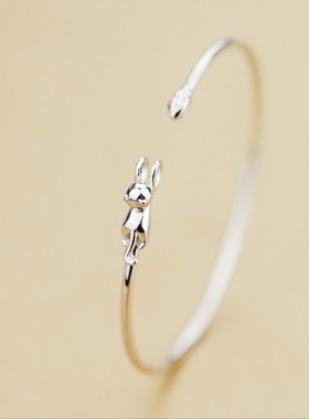 森系猫咪纯银手镯简约创意攀爬猫开口韩版甜美手环送女友闺蜜礼物