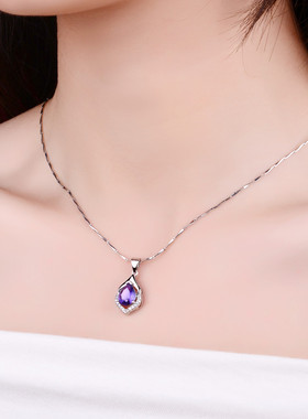 项链女士锁骨瓜子链纯银玫瑰金芙蓉石粉水晶吊坠彩金情人节礼物