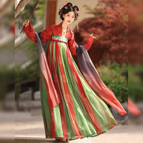 大码汉服女胖mm200斤唐制齐胸襦裙印花复原国风飘逸古风秋季套装 - 图0