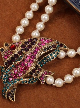 FFOOOO 合金鱼吊坠白色圆珠链子女士复古中古风重工项链耳钉