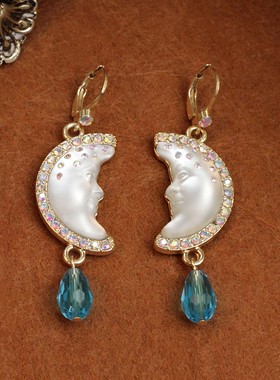 FFOOOO复古合金月亮元素白色珠子项链耳坠