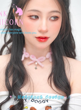 Pinku原创设计粉色毛绒蝴蝶结choker绑带气质甜美锁骨链颈链