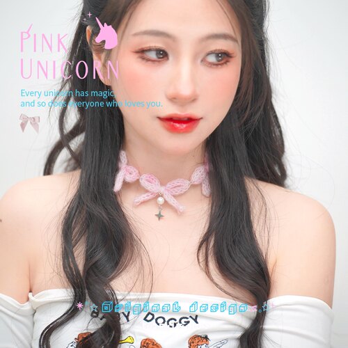 Pinku原创设计粉色毛绒蝴蝶结choker绑带气质甜美锁骨链颈链 - 图1
