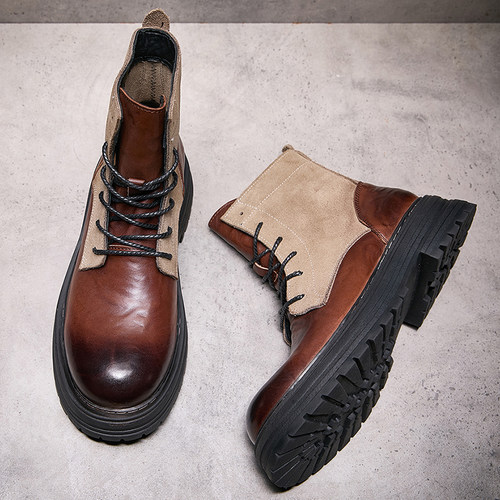 欧洲站秋冬季新款马丁靴男真皮拼接时尚潮流厚底短靴手工机车靴男 - 图1