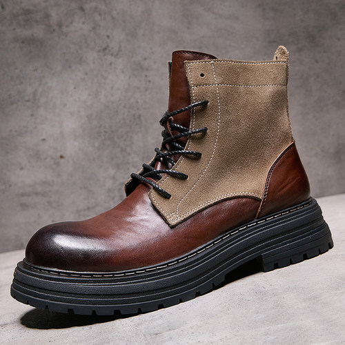 欧洲站秋冬季新款马丁靴男真皮拼接时尚潮流厚底短靴手工机车靴男 - 图2