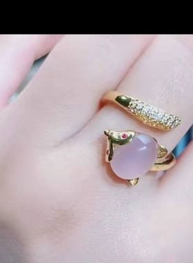 狐狸戒指绿红黄玉髓气质女士食指