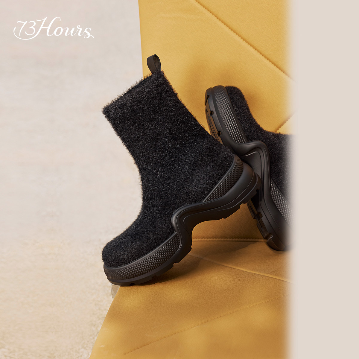 【下拉领券】73hours女鞋猫系女友冬新款黑色厚底短靴瘦瘦靴袜靴,淘宝优惠券,粉丝福利购,淘宝优惠卷