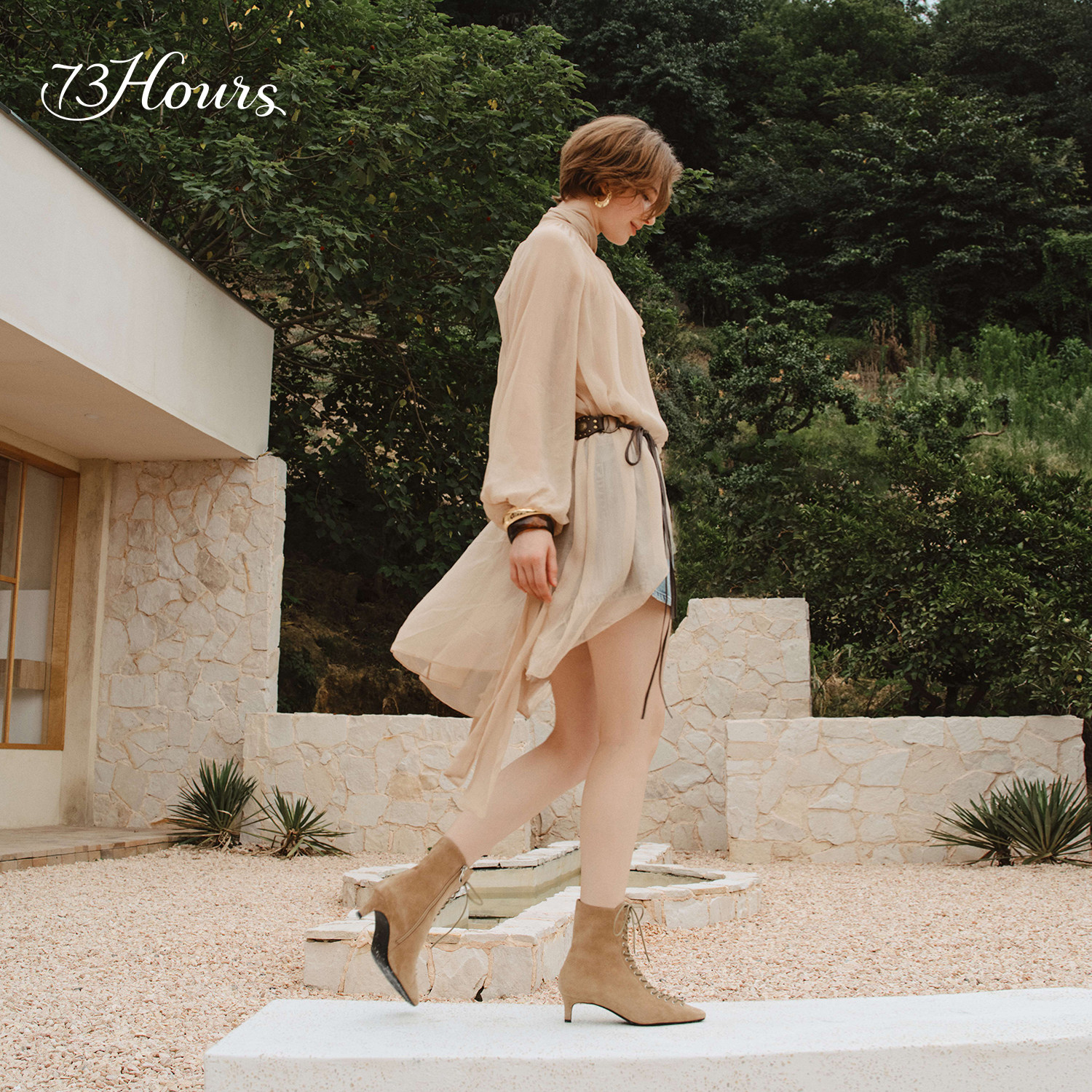 73hours女鞋混搭美学2025冬新款尖头短靴女波嬉风踝靴高跟时装靴,淘宝优惠券,粉丝福利购,淘宝优惠卷