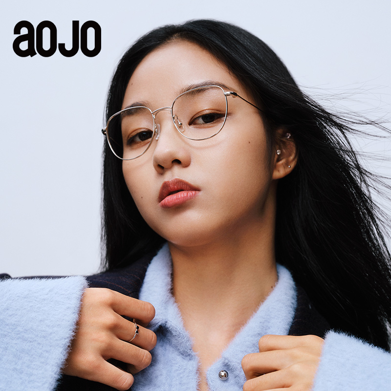 aojo23年新品钛金属眼镜可配近视女眼镜框男浅金色小框AJ501FJ702 - 图0