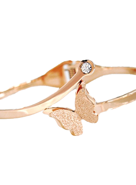 精致磨砂蝴蝶结镶钻手镯女14K玫瑰金钛钢戒指开口可调尾戒