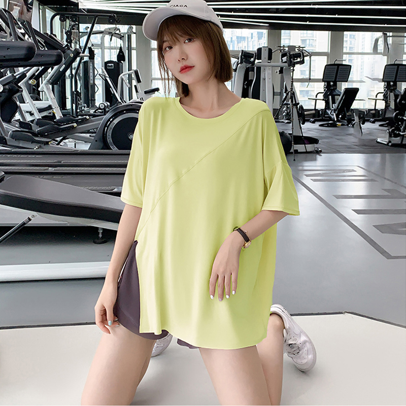 孕妇休闲速干健身服上衣开叉短袖女宽松罩衫夏季薄款瑜伽T恤大码-图2
