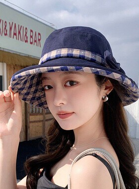 格纹蝴蝶结渔夫帽女春夏季遮阳