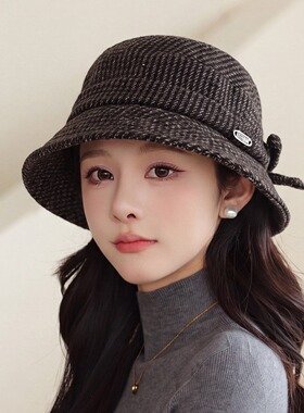 格子洋气蝴蝶结优雅保暖妈妈帽