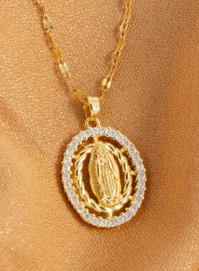 Oval round plaque inlaid with zircon religious pendant for w