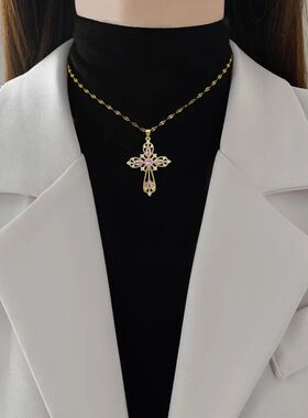 Fashion Hollow Pink Zircon Cross Pendant Necklaces for Women