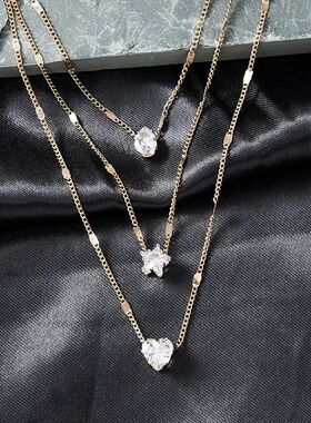 Crystal Zircon Heart and Star Charm Pendant Necklace for Wom