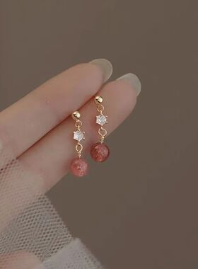 Sweet Heart Red Drop Earrings for Women Korean Crystal Long