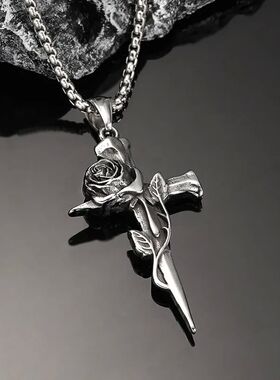1Pcs Vintage Rose Cross Pendant Necklace For Women Men Stain