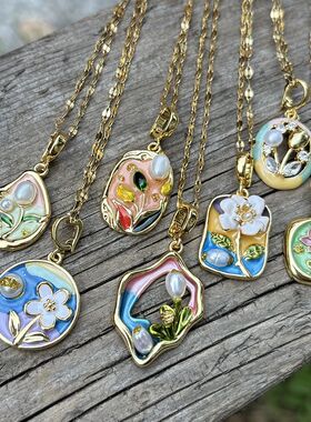 Colorful Enamel Baroque Pearl Flower Pendant Stainless Steel