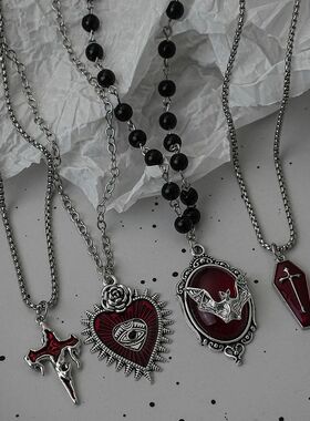 Gothic Style Red Cross Bat Heart-Shaped Eye Pendant Necklace