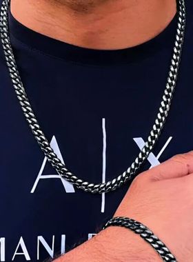 2pcs Street Hip Hop Stainless Steel Cuban Chain Necklace Bra