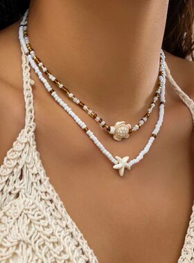 Bohemian Double Rice Bead Chain Clavicle Necklace for Women