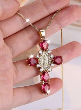 Luxury Crystal Pink Zircon Pendant Necklace For Women Vintag