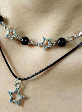 Fashion Double Layered Black Bead Star Choker Necklace Punk