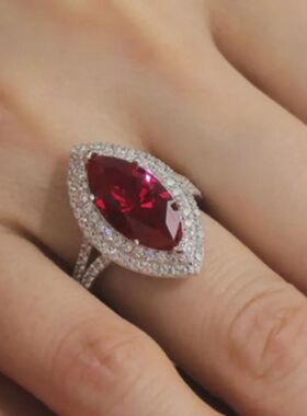 Luxury Red Zircon Marquise-Cut Ring with Full Diamond Accent