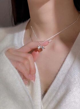 Korean Silver Color Bow Pendant Necklace for Women Minimalis