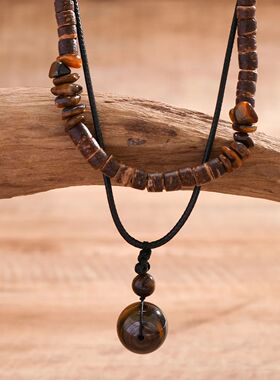 Stone and Wood Bead Chain with Ball Pendant Necklace for Men