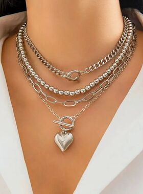 4Pcs/Set Punk Gold Color Heart Pendant Necklace for Women Tr
