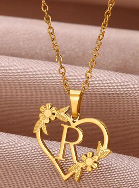 Gold Color Dainty Flower Initials Necklace Women Girl Stainl