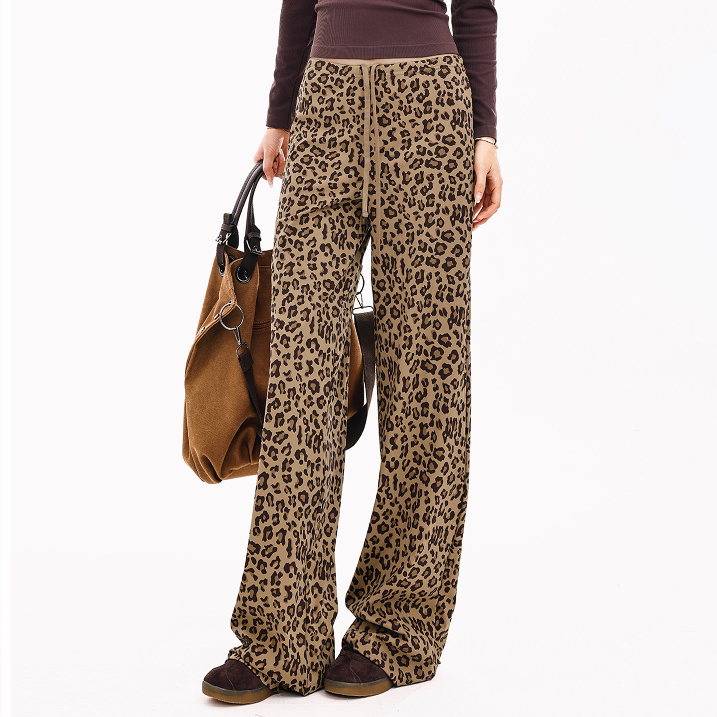 奔跑吧卡卡豹纹系带宽松长裤直筒款休闲风中腰阔腿运动裤舒适显瘦,淘宝优惠券,粉丝福利购,淘宝优惠卷