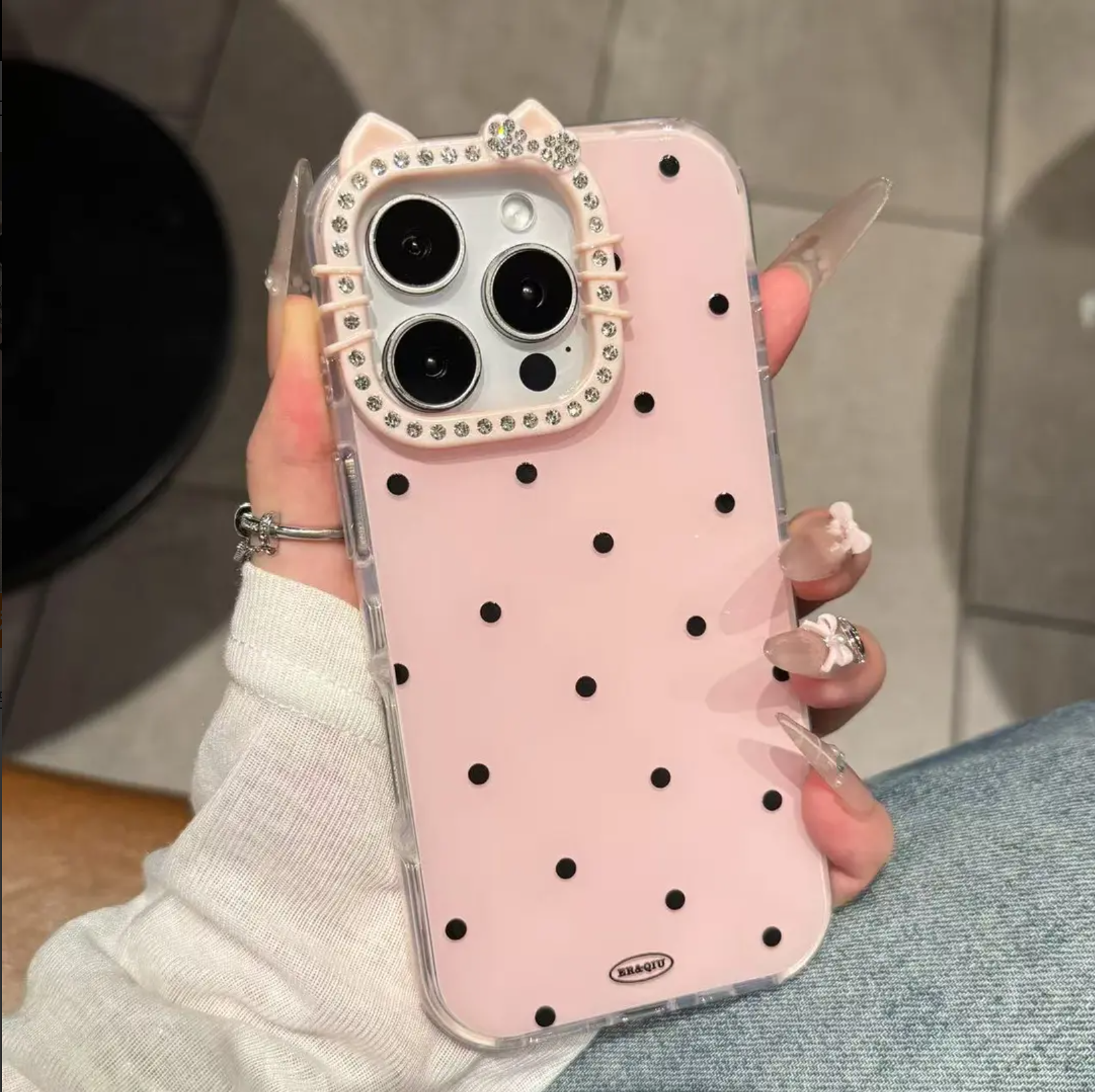 少女心ins风粉色波点闪钻KT猫耳镜头适用于iPhone17promax苹果16手机壳15Pro新11高级12带钻13防摔14plus镶钻 - 图3