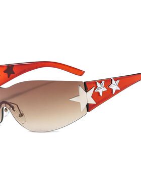 Rimless Y2K Sunglasses for Women and Men Star Wrap Around Su