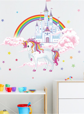 Colorful Rainbow Pink Princess Castle Unicorn Wall Sticker